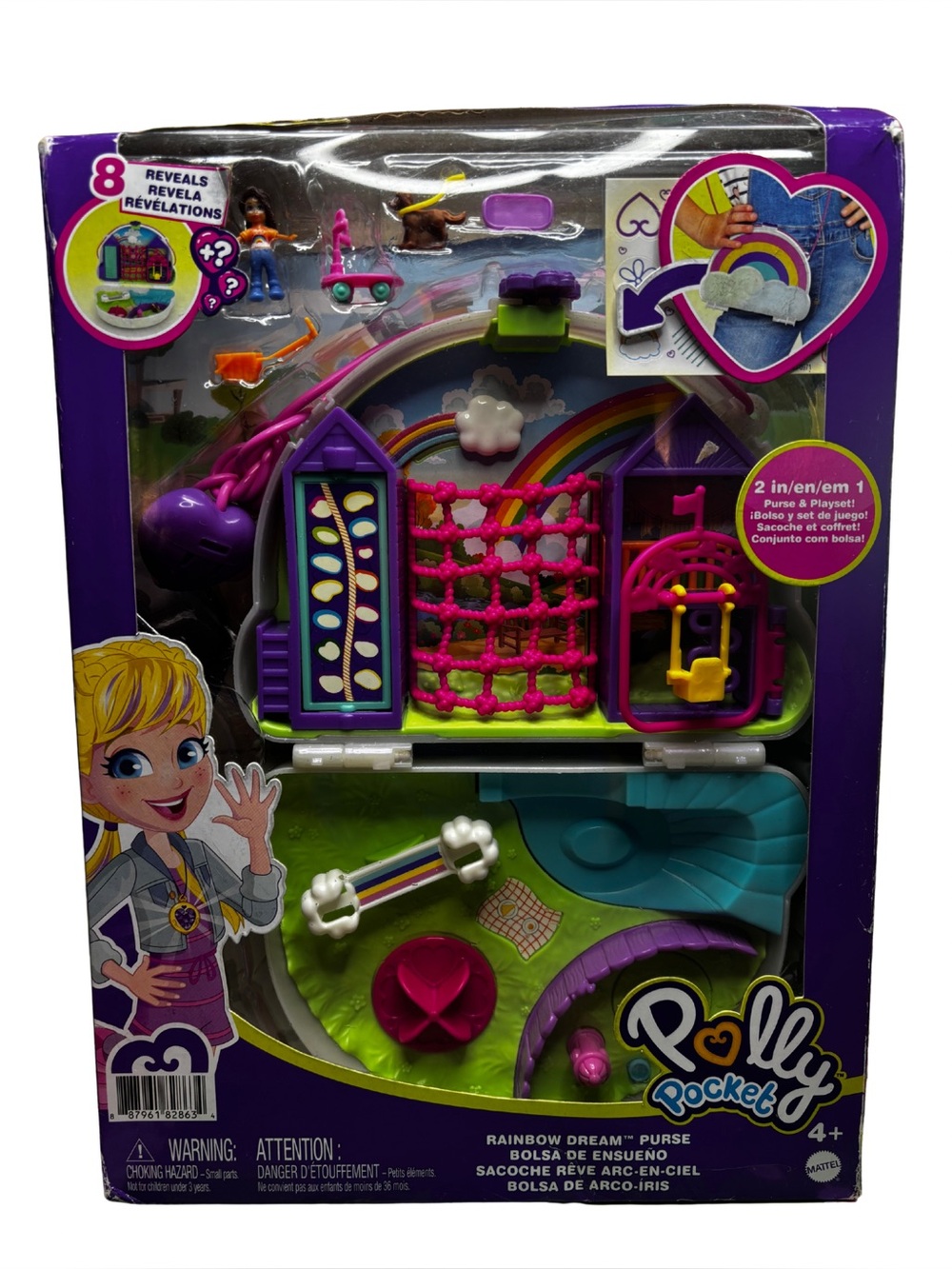 Polly Pocket Rainbow Dream Wearable Purse Compact, Travel Toy with 2 Micro Dolls